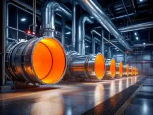 Industriële brandwerende luchtbehandelingsslurven met oranje hittebestendige materialen in moderne ventilatieruimte