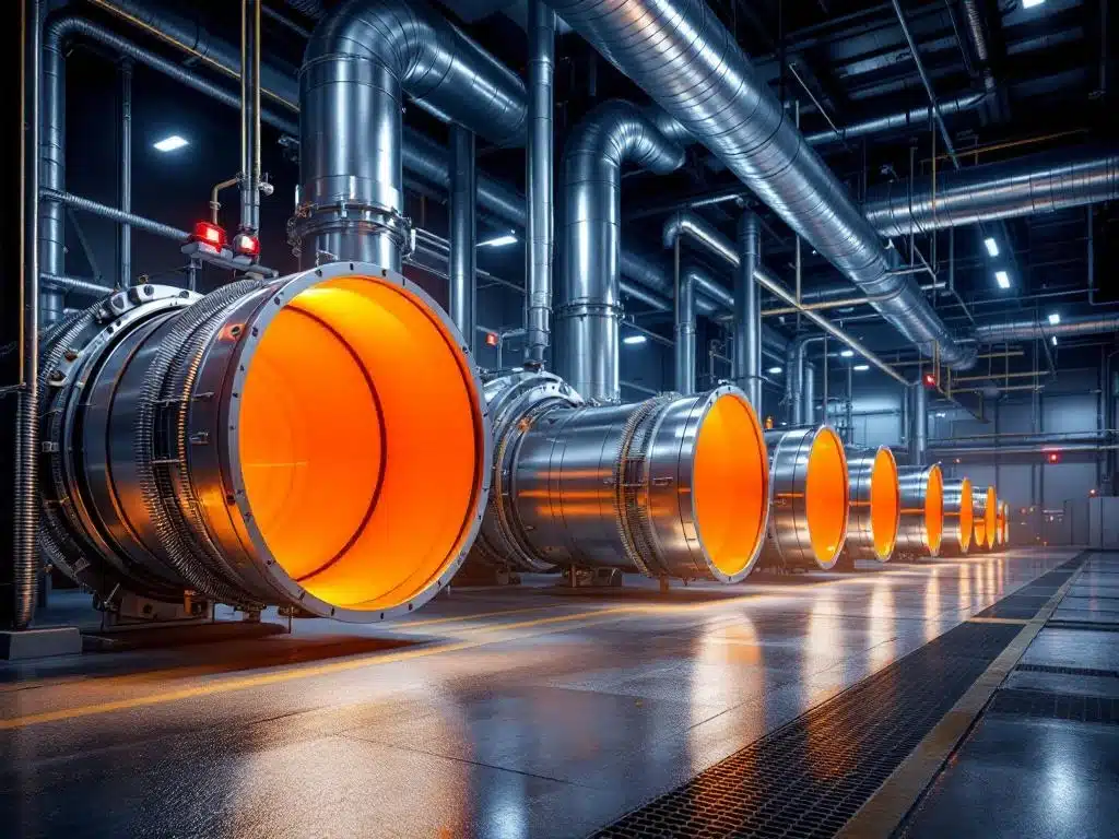 Industriële brandwerende luchtbehandelingsslurven met oranje hittebestendige materialen in moderne ventilatieruimte