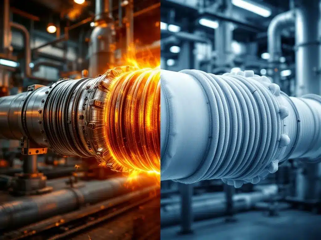 Industriële leidingverbindingen: metalen compensator met balg links, witte flexibele manchet voor ventilatie rechts