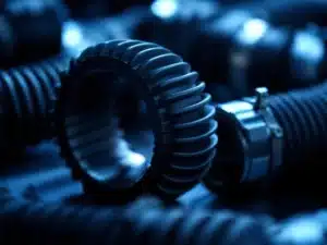 Zwarte EPDM rubber luchtverwerkingskoppelingen met zilverkleurige klemmen in industriële verlichting, focus op ribbelstructuur