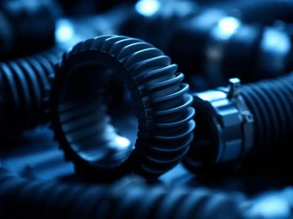 Zwarte EPDM rubber luchtverwerkingskoppelingen met zilverkleurige klemmen in industriële verlichting, focus op ribbelstructuur