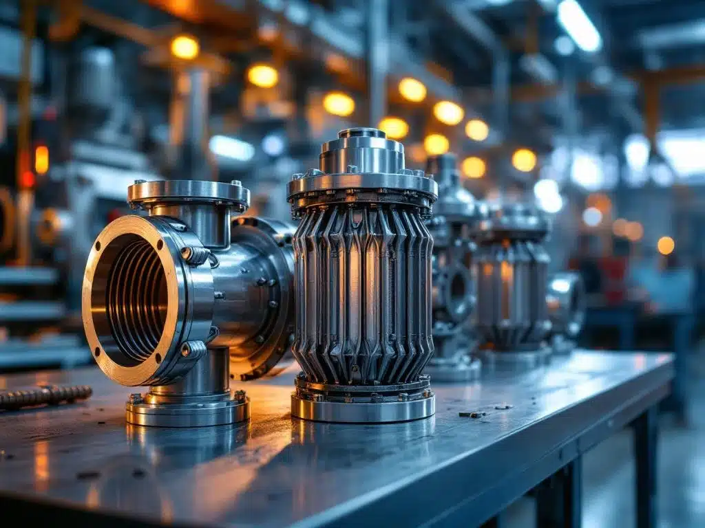 Precisie-engineered flexibele compensatoren en expansievoegen van roestvrij staal op werkbank in moderne fabriek