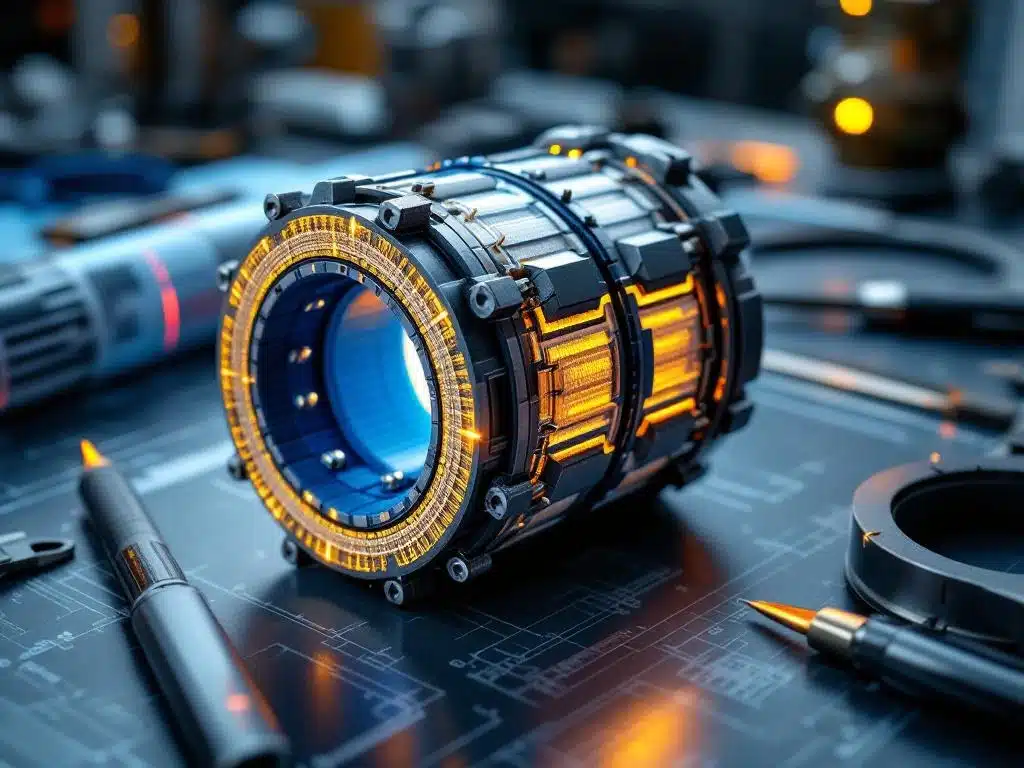 Doorsnede van industriële flexibele koppeling met weefselpatronen, rubberlagen en technische blauwdrukken op achtergrond