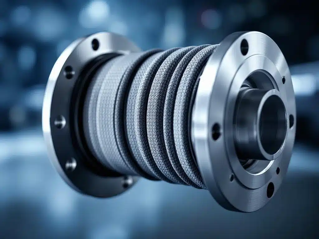 Industriële flexibele koppeling met metalen flenzen en rubber balg, close-up met dramatische belichting op blauwe achtergrond