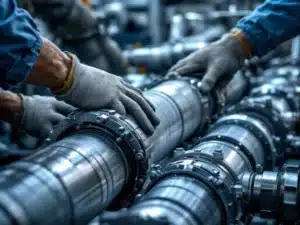 Professionele installatie van flexibele koppeling op industriële roestvrijstalen buizen in werkplaats