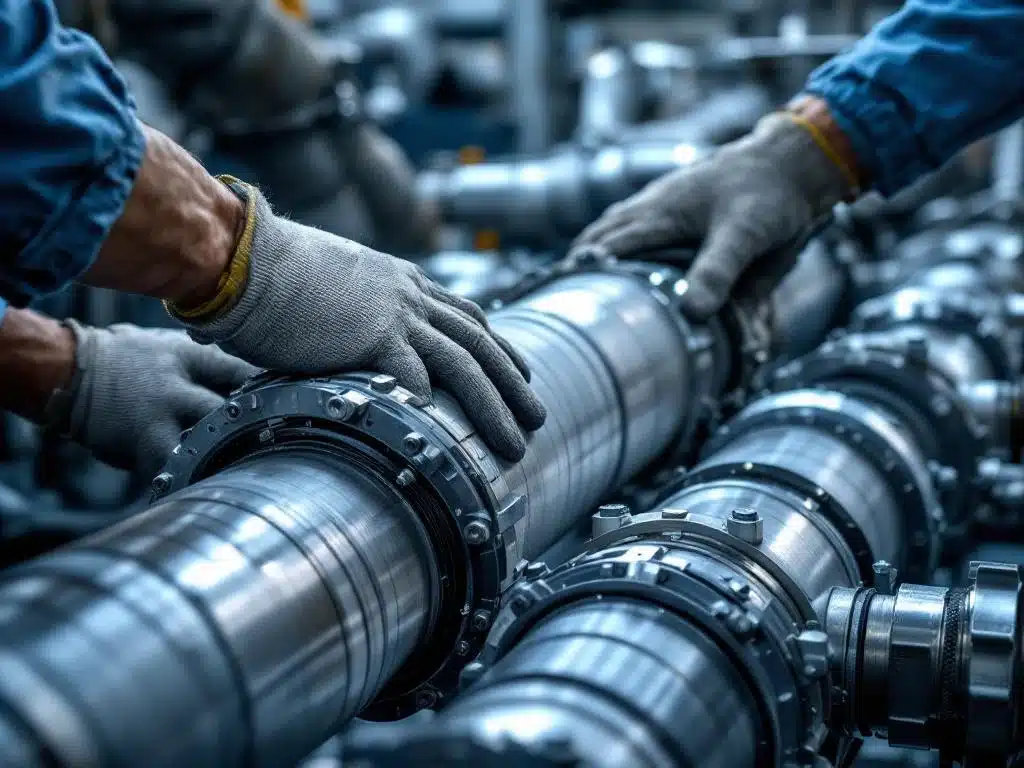 Professionele installatie van flexibele koppeling op industriële roestvrijstalen buizen in werkplaats