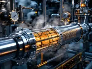 Doorsnede van industriële flexibele koppelingen in chemische fabriek met roestvrijstalen buizen en balgen
