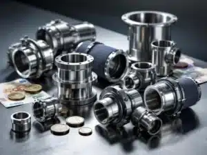 Industriële flexibele koppelingen en compensatoren van verschillende materialen op stalen oppervlak met euro munten
