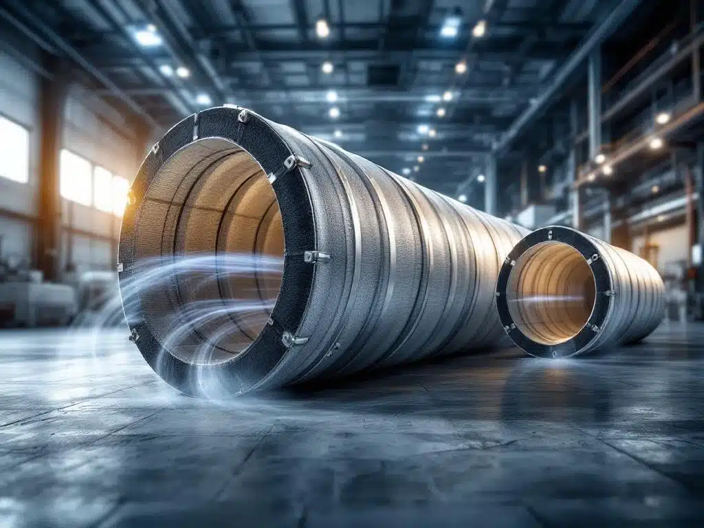 Industriële luchtkanalen met flexibele koppelingen in verschillende diameters, getoond in doorsnede met metalen klemmen