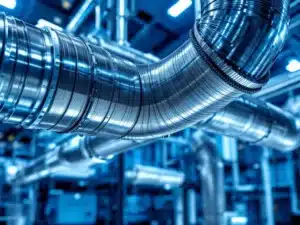 Flexibele HVAC-compensatoren met geribbelde oppervlakken aangesloten op metalen luchtkanalen in industriële omgeving