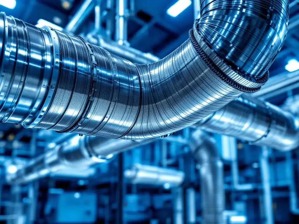 Flexibele HVAC-compensatoren met geribbelde oppervlakken aangesloten op metalen luchtkanalen in industriële omgeving