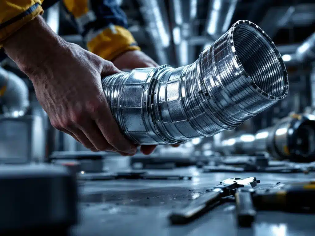 Professionele installatie van flexibele luchtbehandelingsconnector in industrieel HVAC-systeem met gereedschap