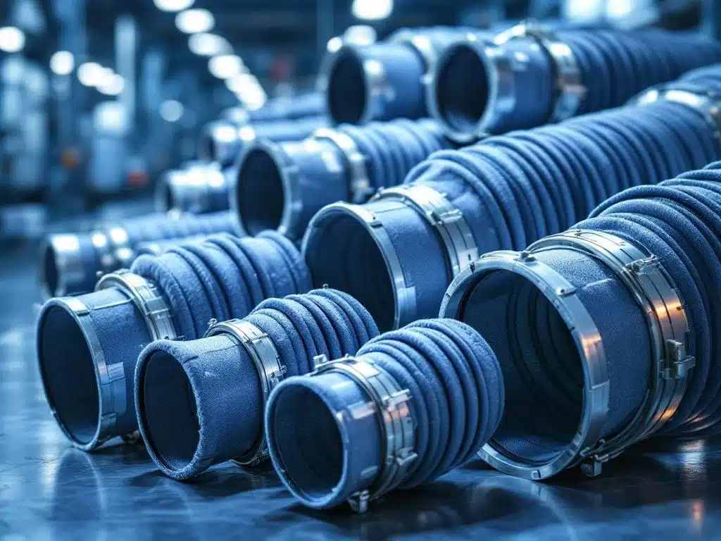 Industriële flexibele luchtbehandelingsconnectoren in verschillende maten met metalen klemmen op industriële achtergrond