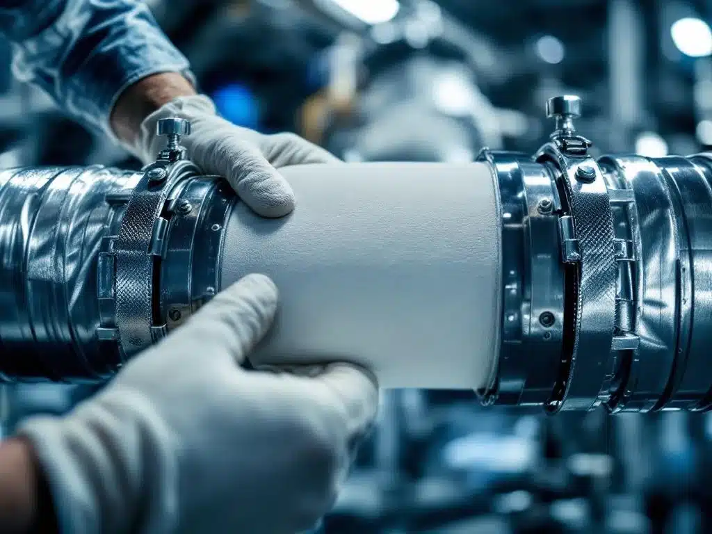 Professionele installatie van flexibele luchtkanaalverbindingen met roestvrijstalen klemmen en beschermende handschoenen