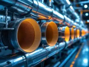 Doorsnede van flexibele HVAC-mouwen in industrieel luchtbehandelingssysteem met canvas, rubber en metalen materialen