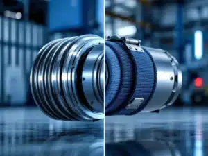 Industriële flexibele koppelingen: metalen compensator met balg en textiel manchet met klemmen op blauwe achtergrond