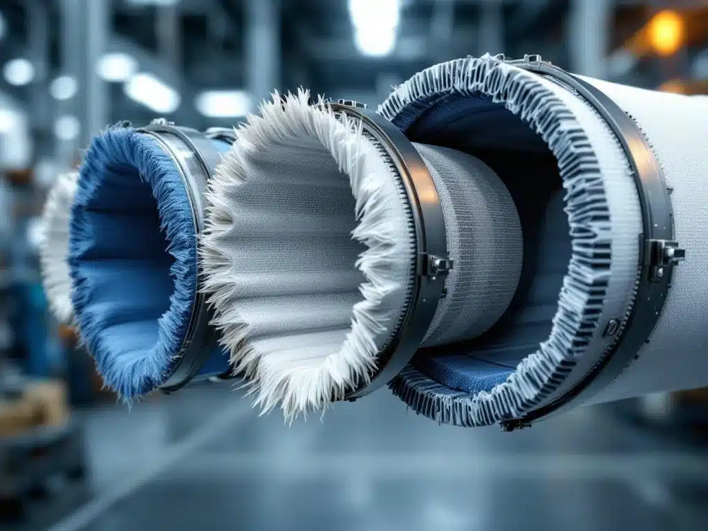 Doorsnede van industriële luchtbehandeling flexibele verbindingen met verschillende slijtage stadia en metalen bevestiging