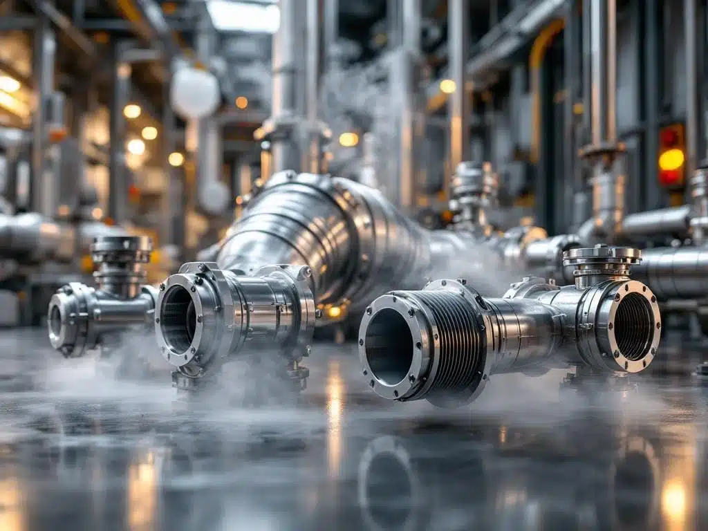 Roestvrijstalen flexibele verbindingen en compensatoren in moderne industriële productieomgeving met stoomvisualisatie