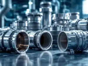 Industriële luchtbehandelingscompensatoren van roestvrij staal, rubber en textiel in technische opstelling met HVAC-details