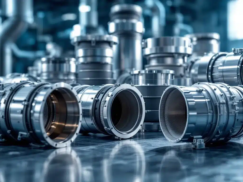 Industriële luchtbehandelingscompensatoren van roestvrij staal, rubber en textiel in technische opstelling met HVAC-details