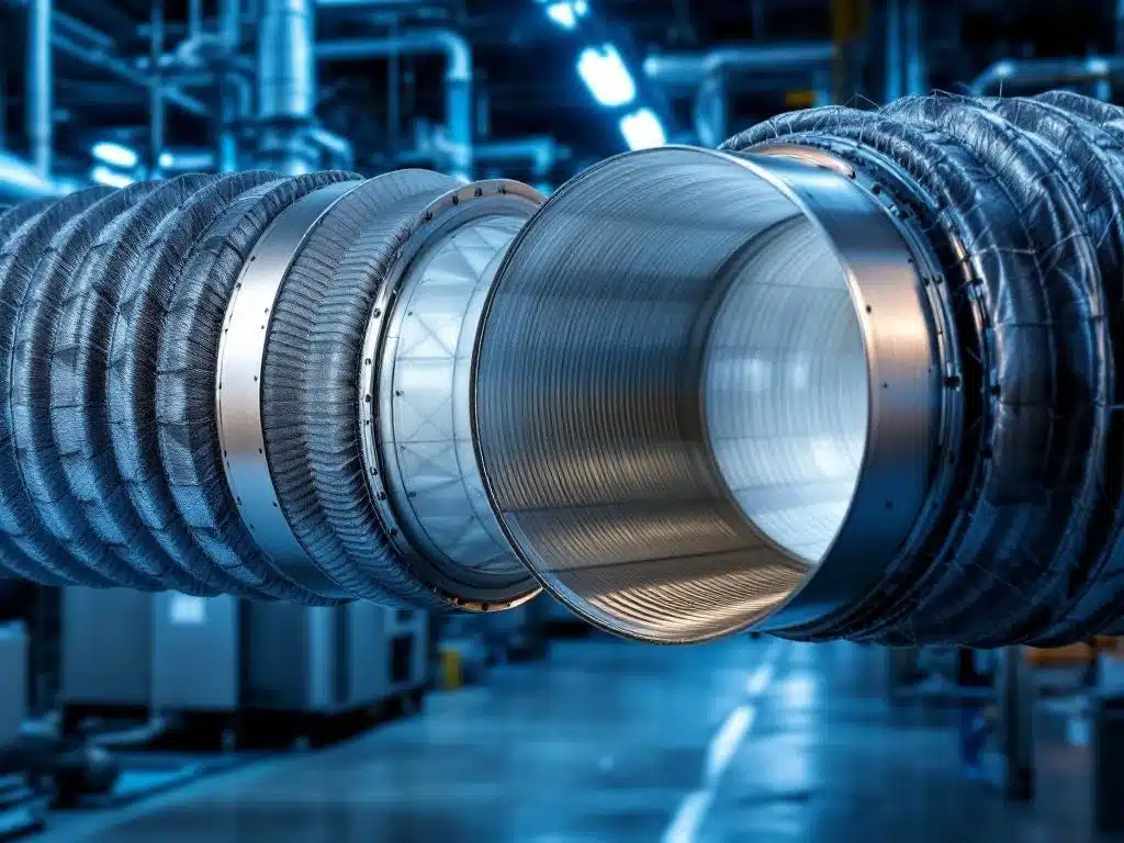 Flexibele compensatiemof van metaal verbindt HVAC-leidingen in industriële luchtbehandelingsinstallatie