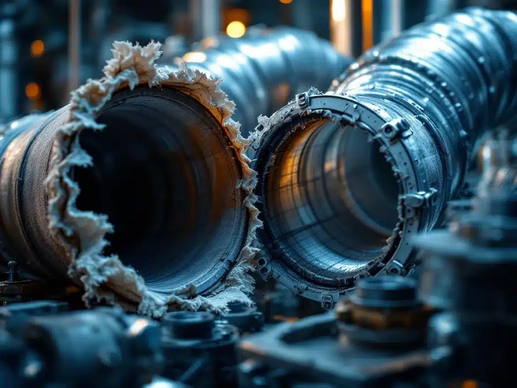 Oude versleten HVAC luchtkanaal naast nieuwe zilveren flexibele verbinding in industriële omgeving