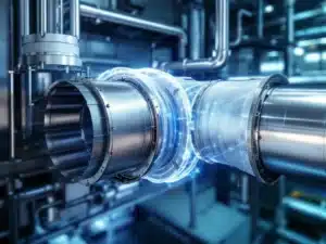 Doorsnede van industriële HVAC-luchtbehandelingskast met flexibele stof expansievoegen tussen metalen kanaalwerk