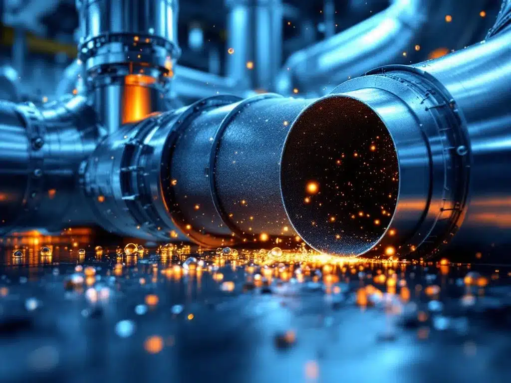 Dwarsdoorsnede van industrieel luchtkanaal met flexibele stofconnector en condensdruppels op roestvrijstalen buizen