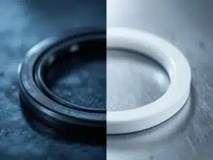 Zwarte rubber pakking en witte PTFE afdichting in close-up op industrieel stalen oppervlak met blauwe achtergrond