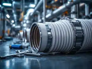 Industriële luchtbehandelings balgen met flexibele verbindingen en roestvrijstalen leidingwerk in high-tech faciliteit