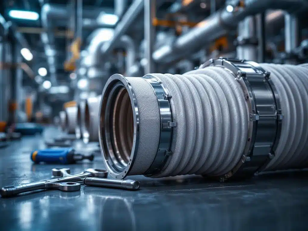 Industriële luchtbehandelings balgen met flexibele verbindingen en roestvrijstalen leidingwerk in high-tech faciliteit