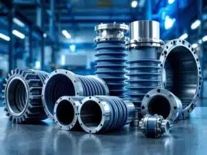 Doorsnede van industriële compensatiemouwen: stof-, rubber- en metalen uitzetvoegen met verschillende texturen