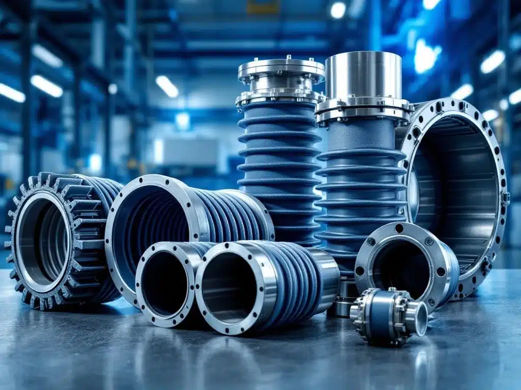 Doorsnede van industriële compensatiemouwen: stof-, rubber- en metalen uitzetvoegen met verschillende texturen