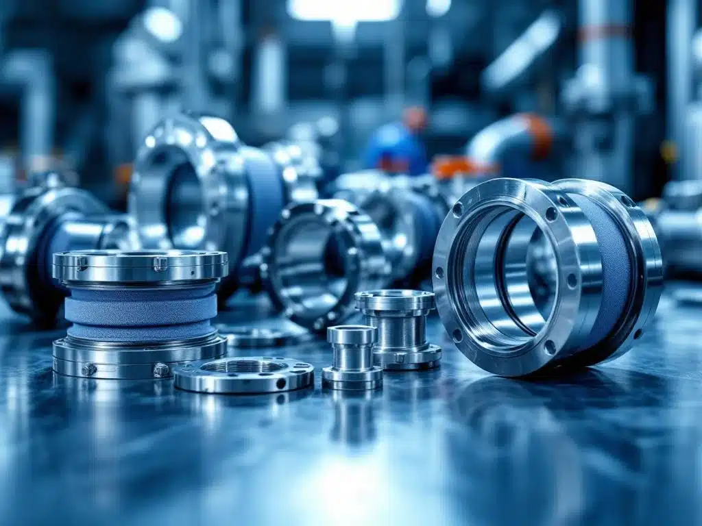 Industriële flexibele koppelingen en compensatoren van roestvrij staal op metalen werkoppervlak in werkplaats