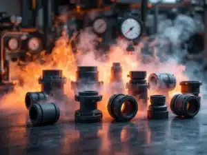 Industriële flexibele koppelingen en compensatoren op metalen oppervlak met stoom en hitte-indicatoren