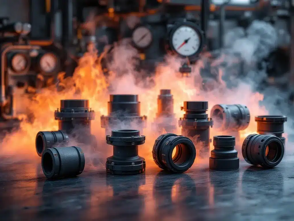 Industriële flexibele koppelingen en compensatoren op metalen oppervlak met stoom en hitte-indicatoren