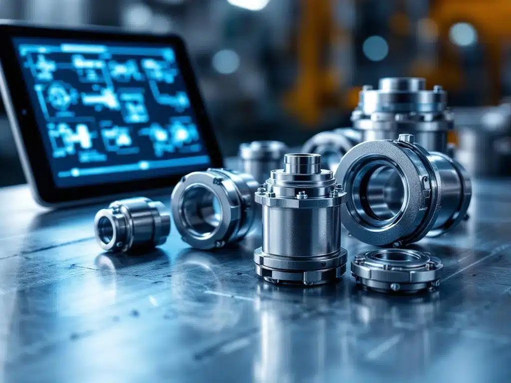 Industriële flexibele koppelingen en compensatoren op stalen oppervlak met digitale inspectiechecklist tablet op achtergrond