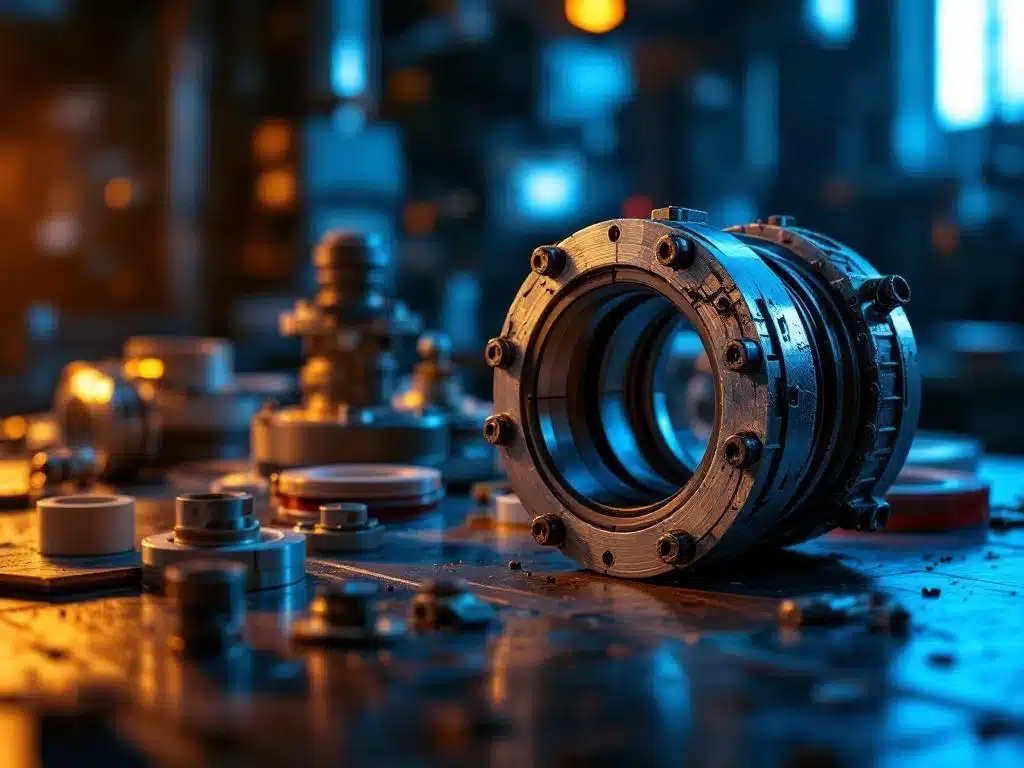 Beschadigde industriële flexibele koppeling met scheuren, omringd door noodreparatie-onderdelen in werkplaats