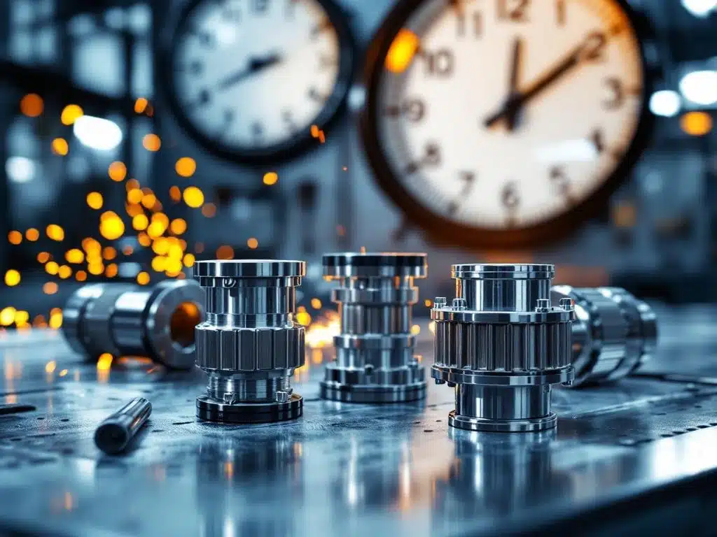 Roestvrijstalen flexibele koppelingen en compensatoren op werkbank met industriële verlichting en laswerk op achtergrond