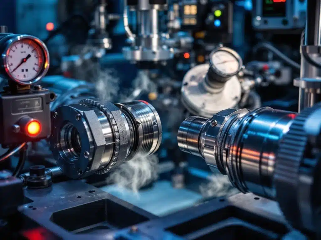 Industriële snelkoppeling mouwens onder dichtheidstest met precisie-instrumenten en digitale drukmeter displays