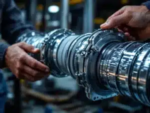 Handen installeren snelkoppeling op metalen leidingsysteem met roestvrijstalen componenten en professionele klemmen