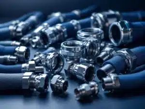 Industriële snelkoppeling mouwen met metalen connectoren en flexibel materiaal in blauw en zilver tinten