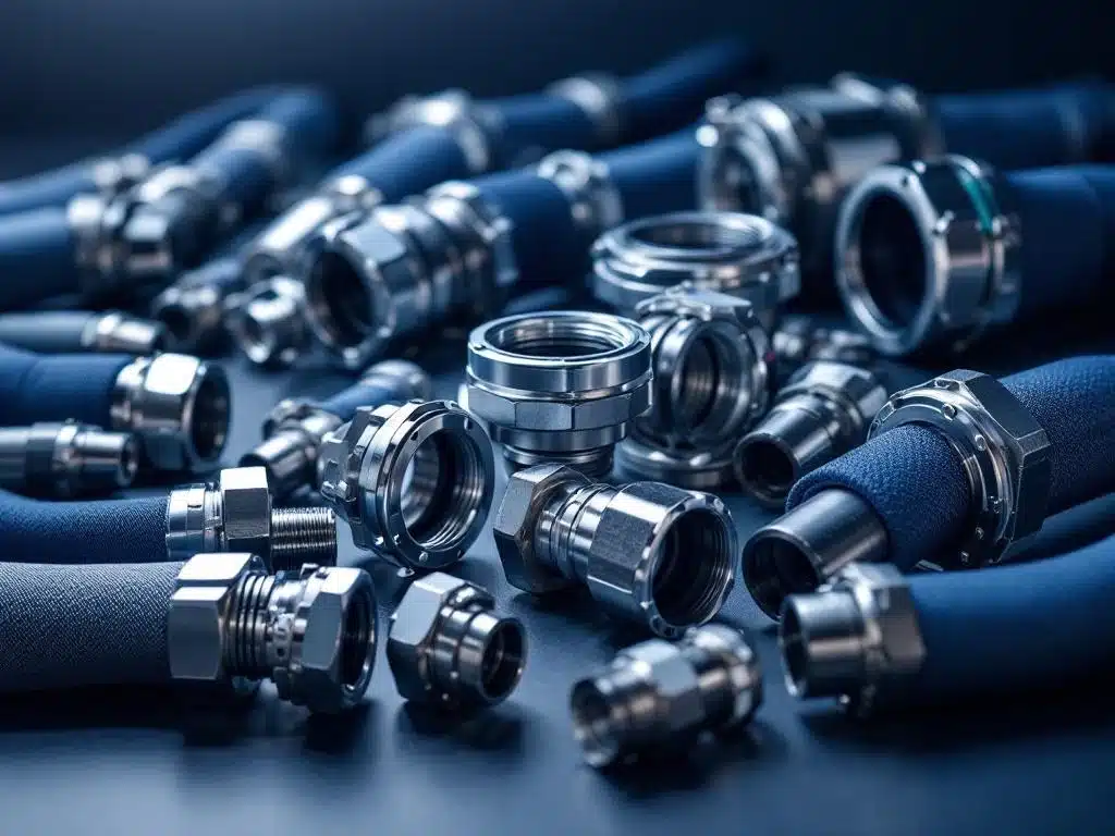 Industriële snelkoppeling mouwen met metalen connectoren en flexibel materiaal in blauw en zilver tinten