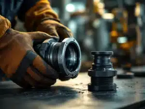 Handen in werkhandschoenen vervangen beschadigde koppeling op industriële pijp met nieuwe zwarte flexibele koppeling