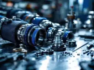Precisie-gefabriceerde industriële koppelingen en compensatoren op werkbank met meetgereedschap en technische componenten