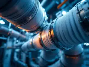 Industriële HVAC compensatiemouwen met flexibele stofconnectoren en metalen klemmen in roestvrij stalen leidingwerk