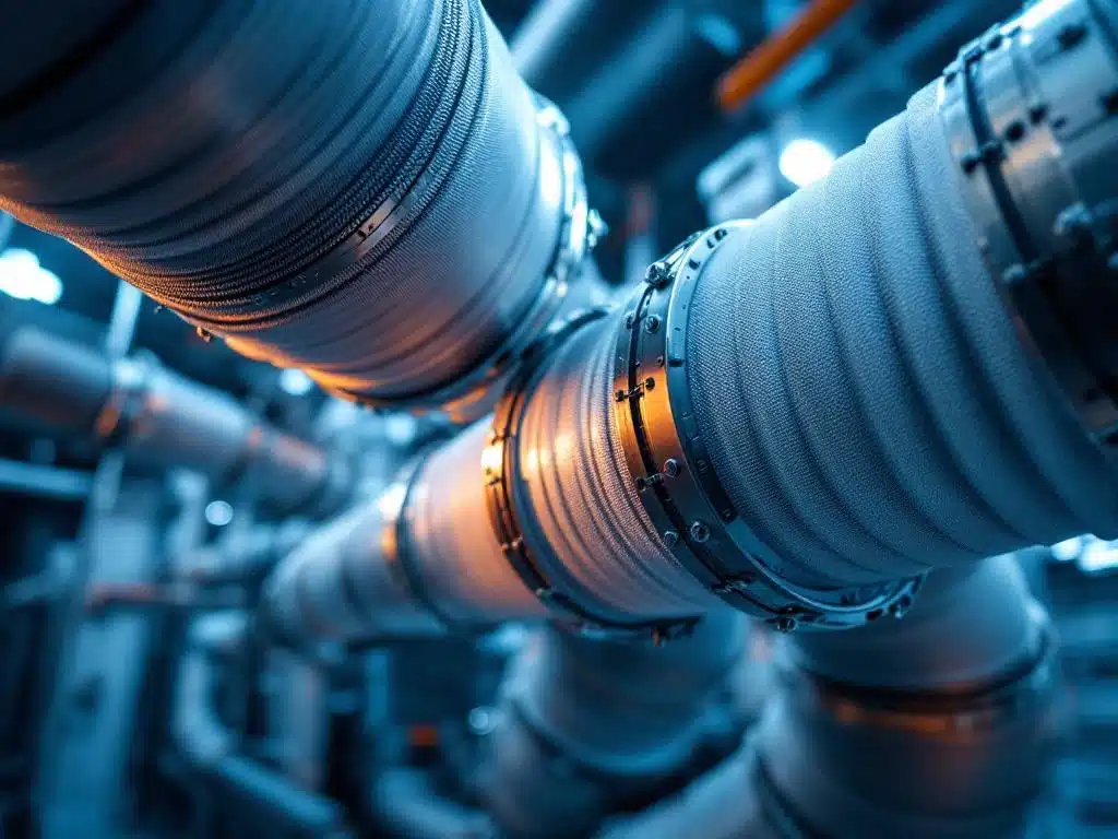 Industriële HVAC compensatiemouwen met flexibele stofconnectoren en metalen klemmen in roestvrij stalen leidingwerk