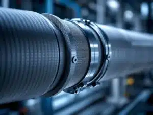 Geavanceerde industriële luchtbehandelingsmouw met metalen flexibele connector en geribde oppervlakken in close-up