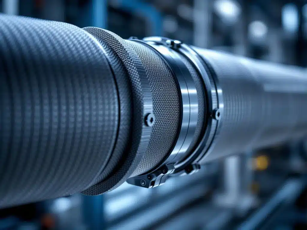 Geavanceerde industriële luchtbehandelingsmouw met metalen flexibele connector en geribde oppervlakken in close-up