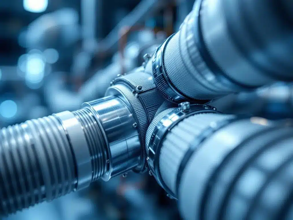 Industriële flexibele luchtbehandelingsconnectoren in modern HVAC-systeem met gemetalliseerde buizen en ribbelstructuur